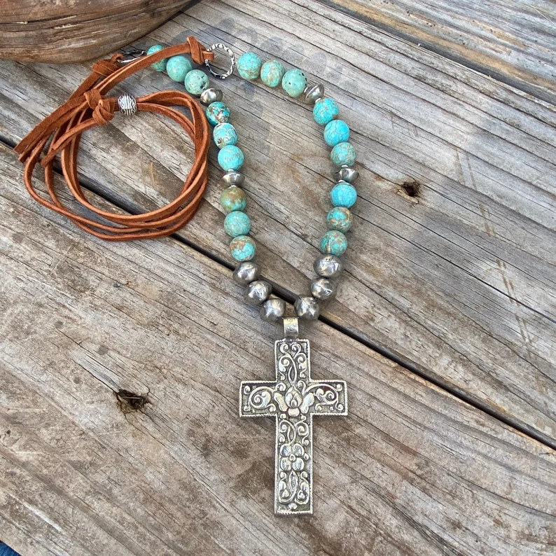 Western Turquoise Necklace, Nepal Silver Cross Pendant, Lotus Flower, Leather Adjustable, Southwe... | Etsy (US)