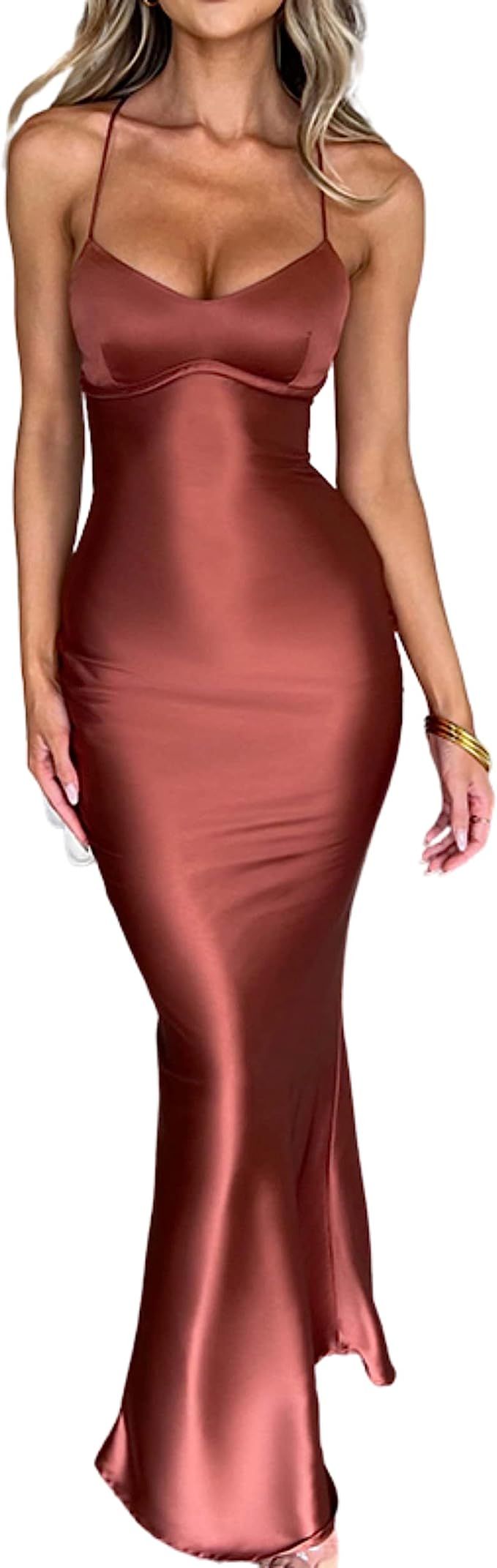 Dresses for Women 2023 Satin Spaghetti Straps Backless Bodycon Dress for Women Maxi Cocktail Dres... | Amazon (US)