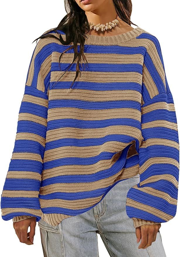GUNEST Women Striped Sweater Oversized Long Sleeve Crew Neck Ribbed Knit 2023 Pullover Sweater To... | Amazon (US)