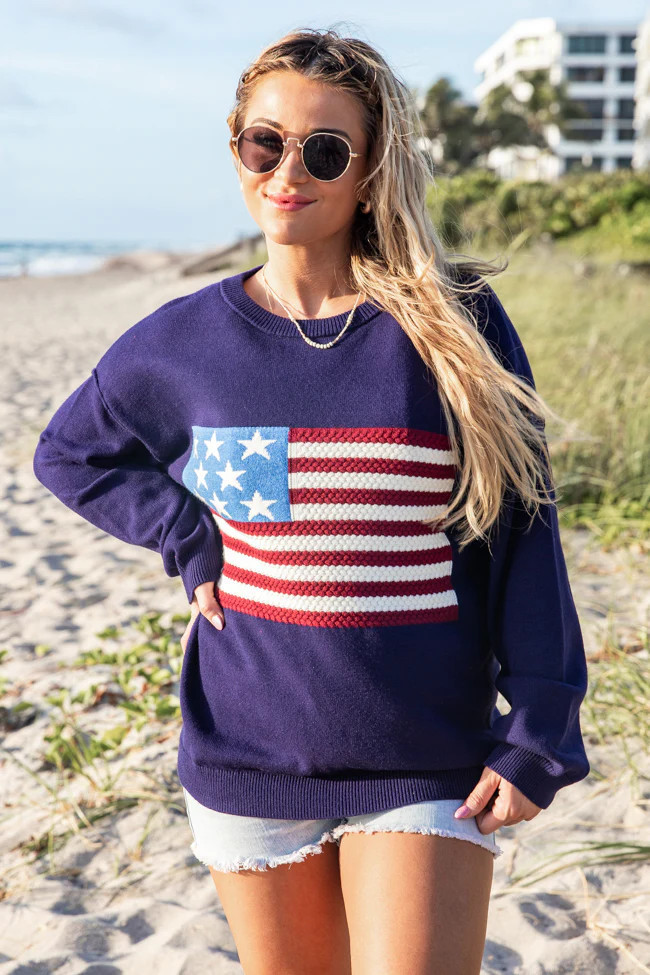 Home Of The Free Navy Textured Flag Sweater FINAL SALE | Pink Lily