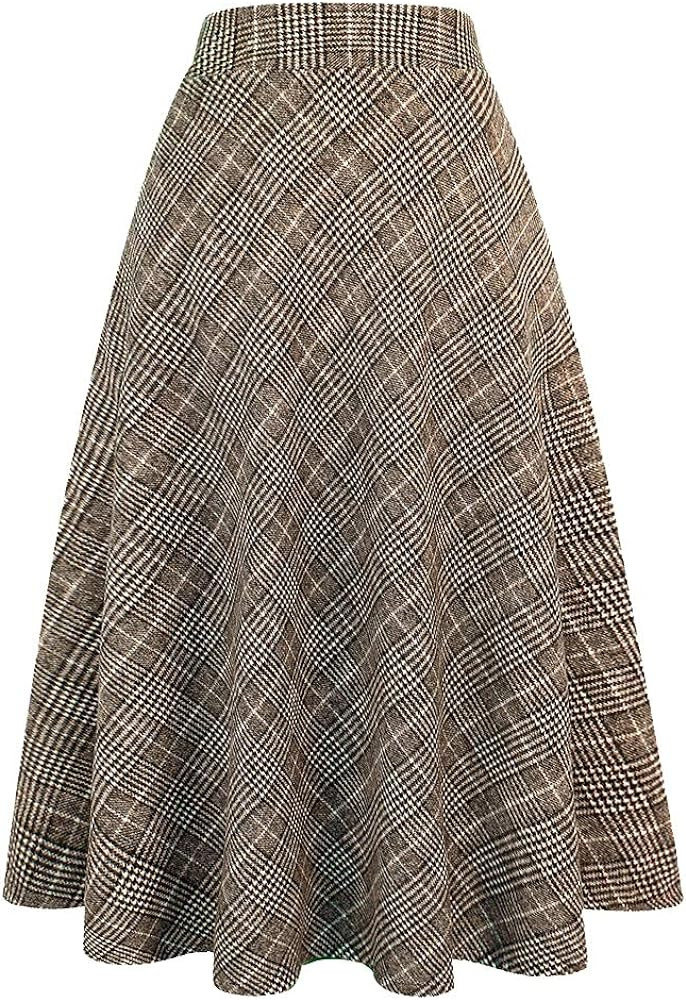 IDEALSANXUN Womens Plaid Wool Skirts Elastic Waist A-Line Pleated Tartan Long Skirts | Amazon (US)