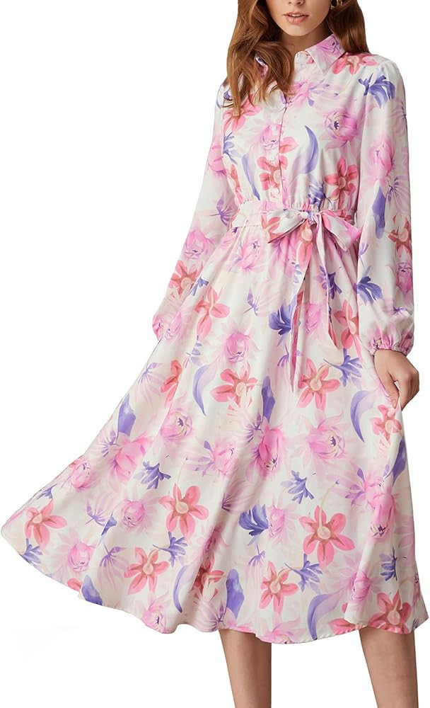 GRACE KARIN Women Floral Collar Shirt Dress Elegant Lantern Long Sleeve Casual Vacation Beachwear | Amazon (US)