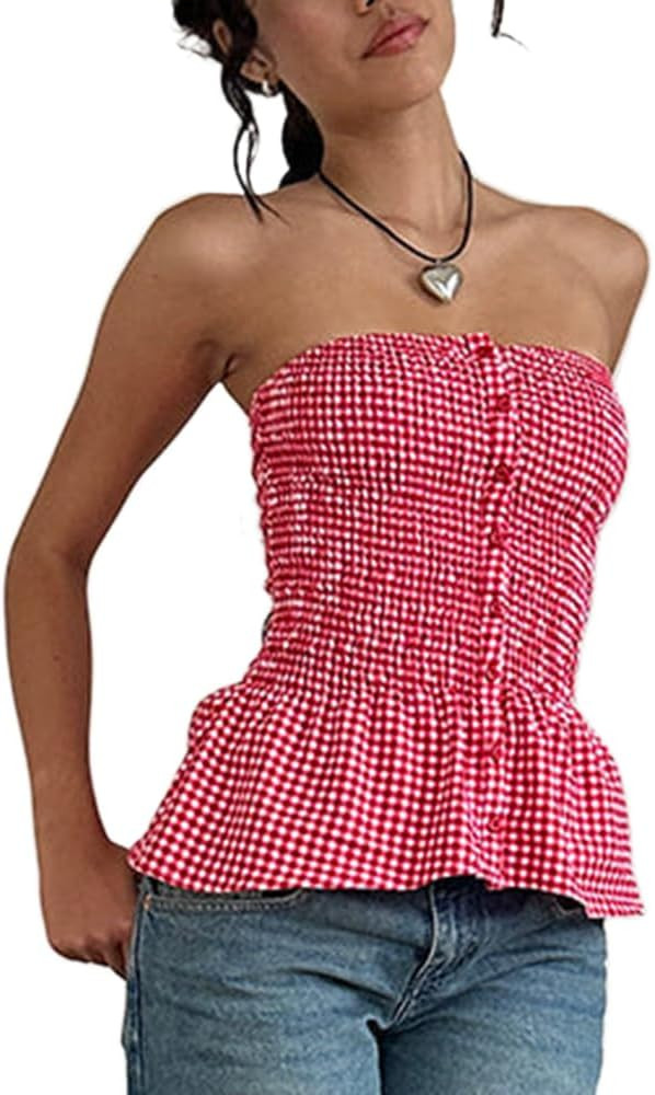 Women Y2k Plaid Strapless Top Vintage Button-up Sleeveless Backless Bandeau Tops Summer Gingham T... | Amazon (US)