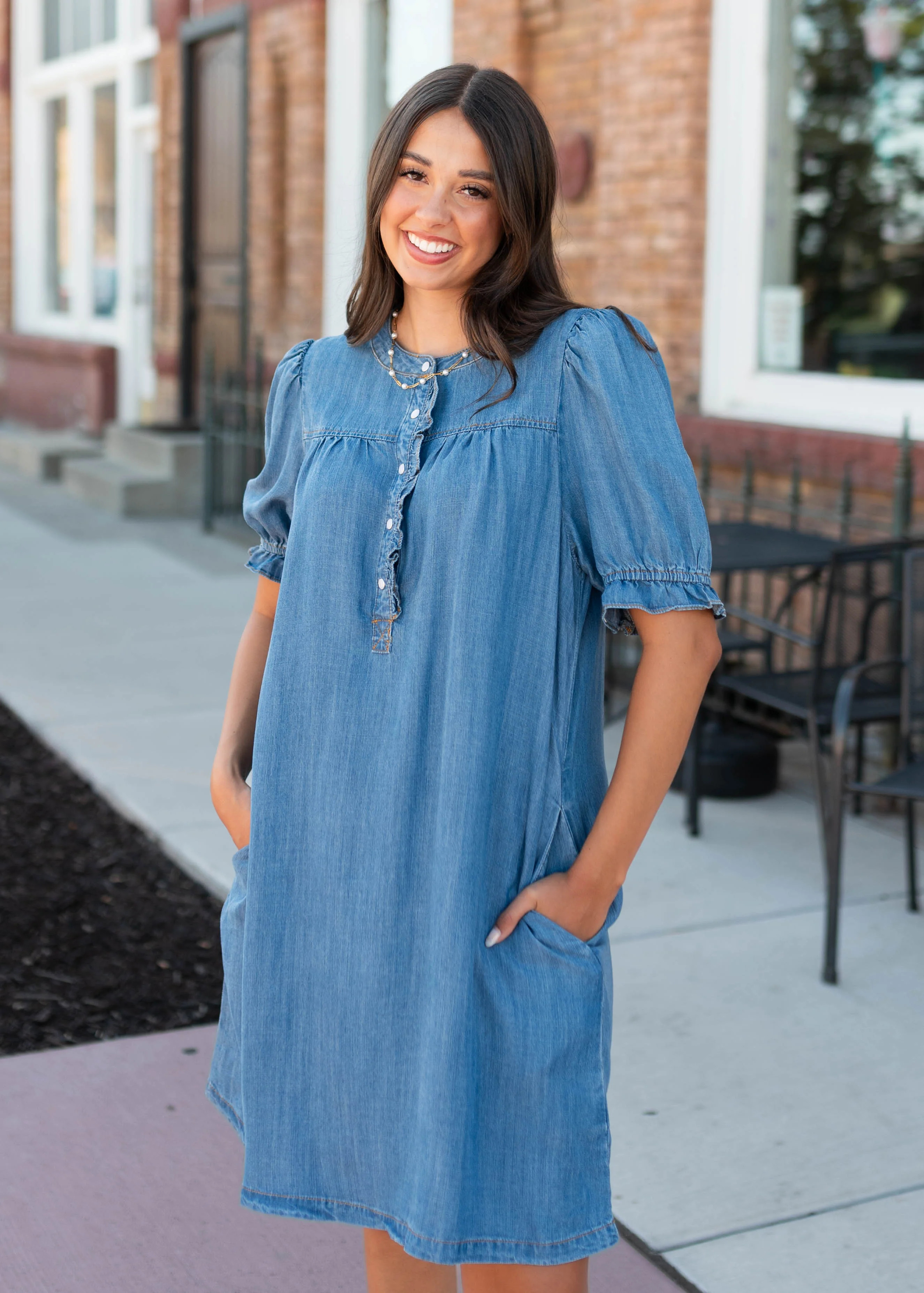 Jacey Ruffle Button Up Chambray Mini Dress | My Sister's Closet Boutique
