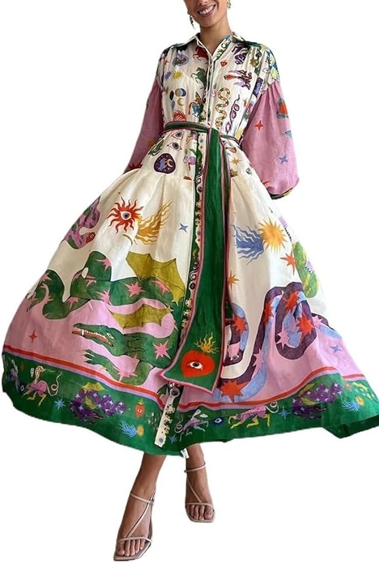 2023 Palace Style Pleated Oversized Swing Printed Long Sleeved Loose Fitting Dress ~@~ | Amazon (US)