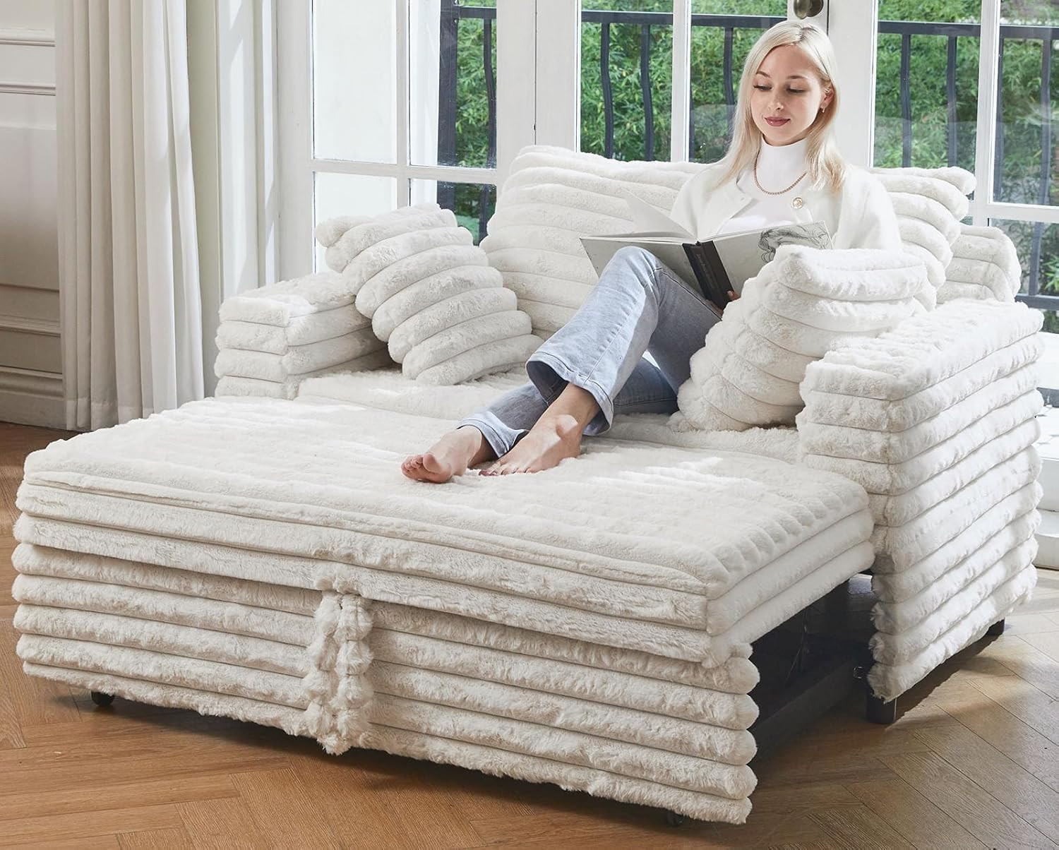 Belffin Faux Rabbit Fur Corduroy Pull-out Sleeper Loveseat Sofa in White | BF109-AG-WHITE | Lowe's