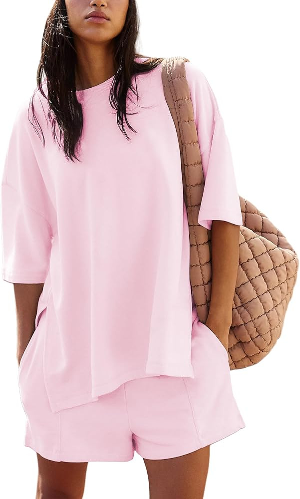 Women's 2 Piece Tracksuits Oversized Casual Sweatsuit Short Sleeve Wide Leg Pants Lounge Sets | Amazon (US)