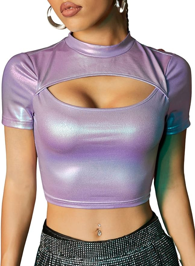Verdusa Women's Metallic Crop Tee Top Cut Out Mock Neck Short Sleeve Glitter T Shirt | Amazon (US)