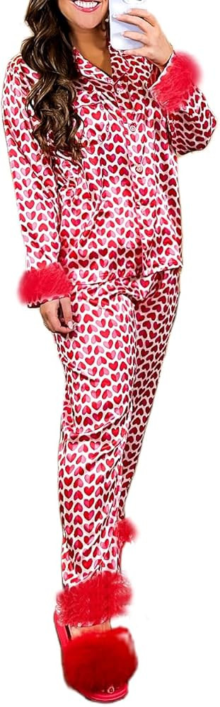 Women Holiday Feather Trim Pajamas Cute Bow Print Silk Satin Pjs 2 Piece Long Sleeve Shirts and P... | Amazon (US)