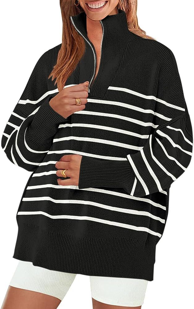 Women's Striped 1/4 Zipper Sweater 2023 Long Sleeve Ribbed Knit Loose Oversized Chunky Pullover S... | Amazon (US)