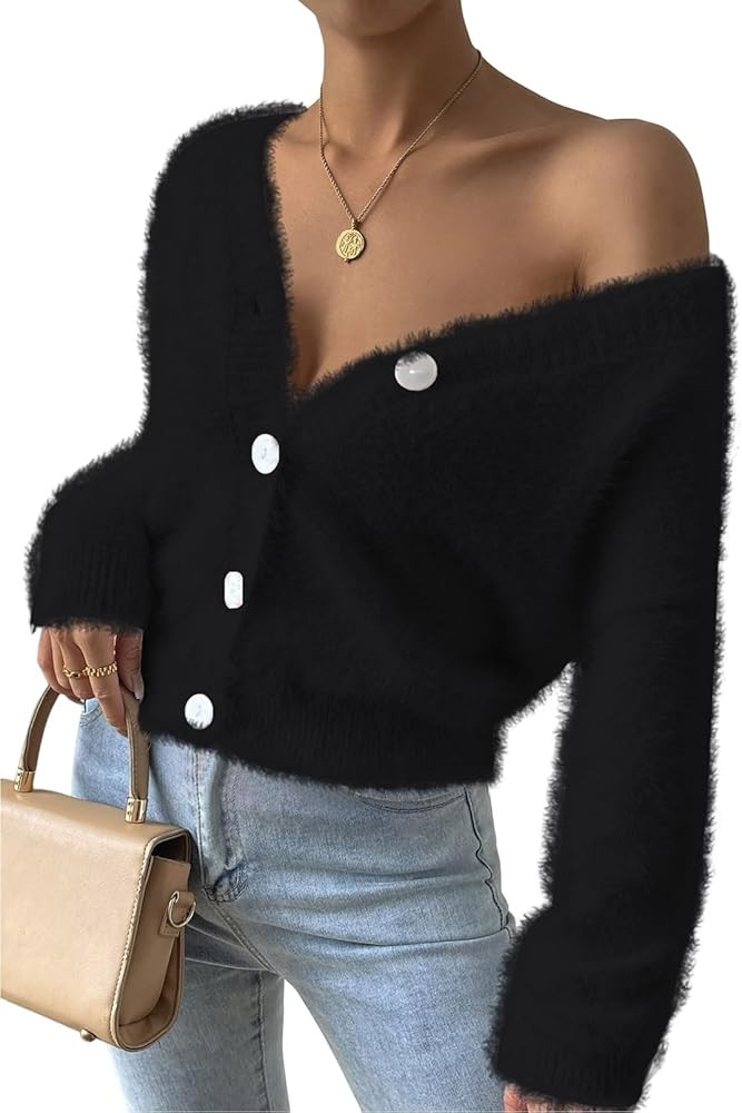 Pink Queen Women's Furry Cropped Cardigan Batwing Sleeves Open Front V-Neck Button Down Loose Kni... | Amazon (US)
