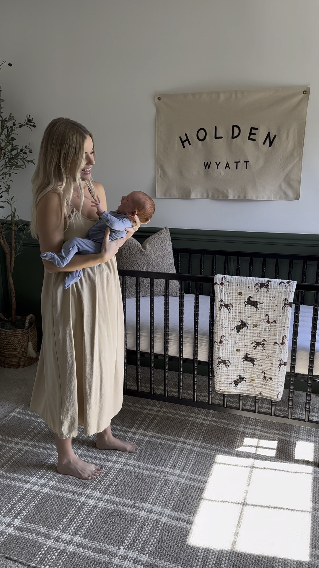 Nursery, baby nursery, baby boy nursery, vintage nursery, Jenny Lind crib, plaid rug, blackout curtains, nursery dresser, rocking chair, name banner, horse nursery 

#LTKbaby #LTKhome