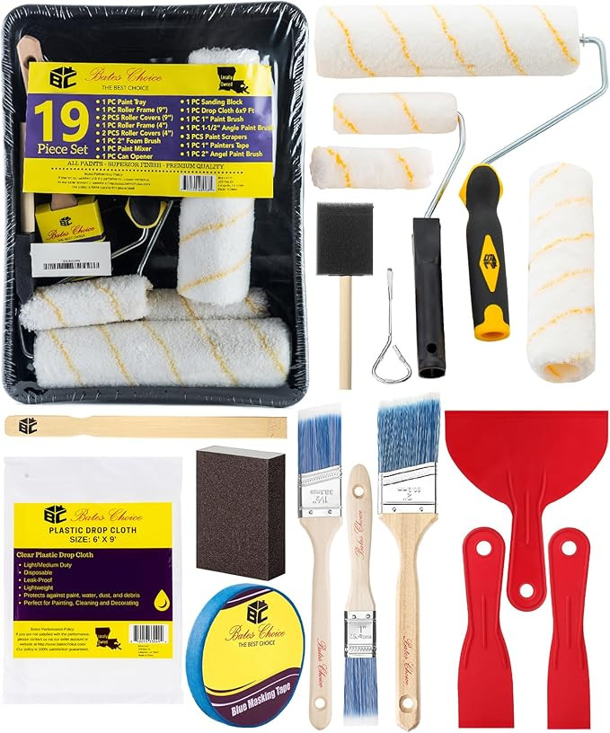 Bates- Paint Roller Kit, 19 pcs, Roller Set with Microfiber Sleeves & Frame, Tray, Angled Brush &... | Amazon (US)