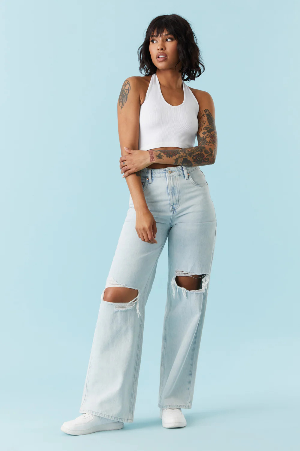 Refuge High-Rise Distressed Bleached Wash Loose Leg Jean | Charlotte Russe