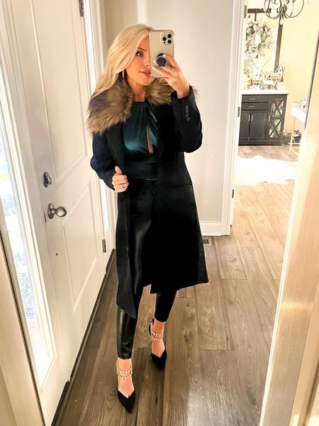 Holiday outfit. Winter outfit. Winter date night. Leather pants. Black heels. Black winter coat. Abercrombie coat  

#LTKshoecrush #LTKstyletip #LTKHoliday