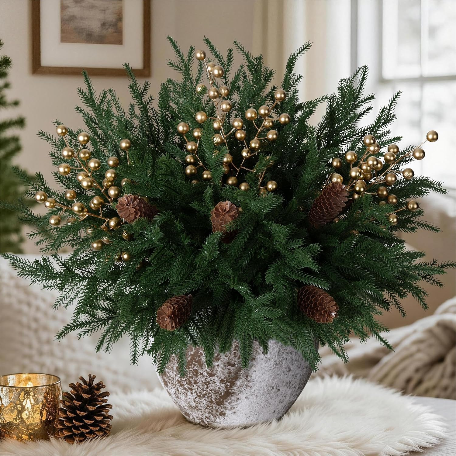 20PCS Fake Xmas Norfolk Pine Stems with Big Pinecones Gold Berries | Amazon (US)