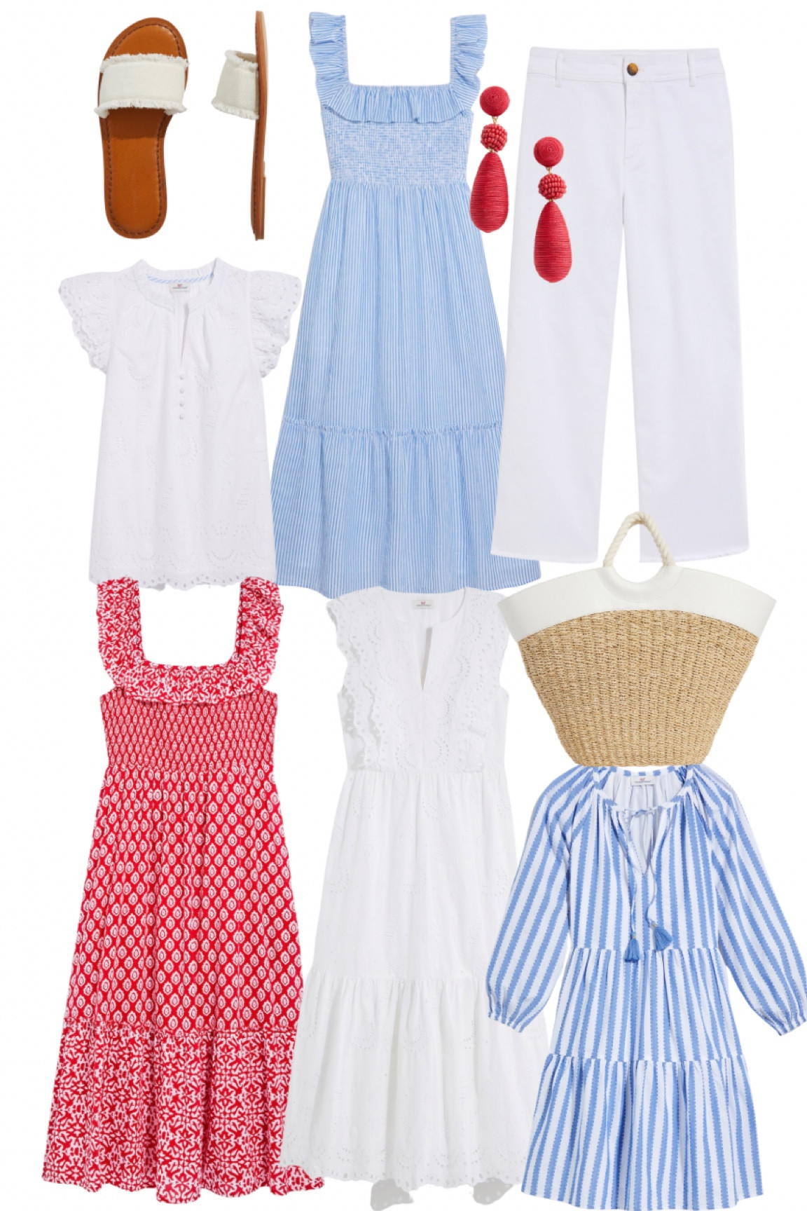 4th of July outfits. Vineyard Vines new arrivals. Blue stripe smock dress. Ruffle sleeve smock dress. Red smock ruffle midi dress. Blue stripe mini dress. White eyelet midi dress. White eyelet blouse. Summer sandals. White beach tote. Beach bag. White wide-leg jeans. Red drop earrings. 
.
.
.
…. 

#LTKtravel #LTKswim #LTKstyletip