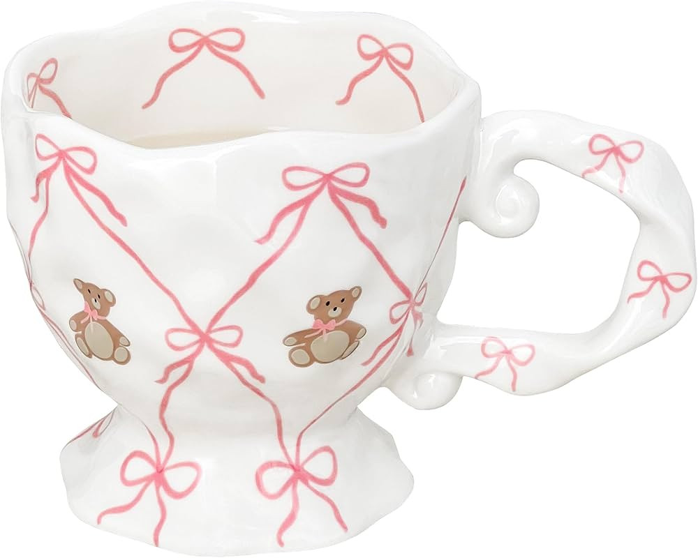 Cute Coffee Mug with Pink Bow Bear, Handmade Kawaii Ceramic Mug for Tea Milk Latte Cocoa 14 oz Fu... | Amazon (US)
