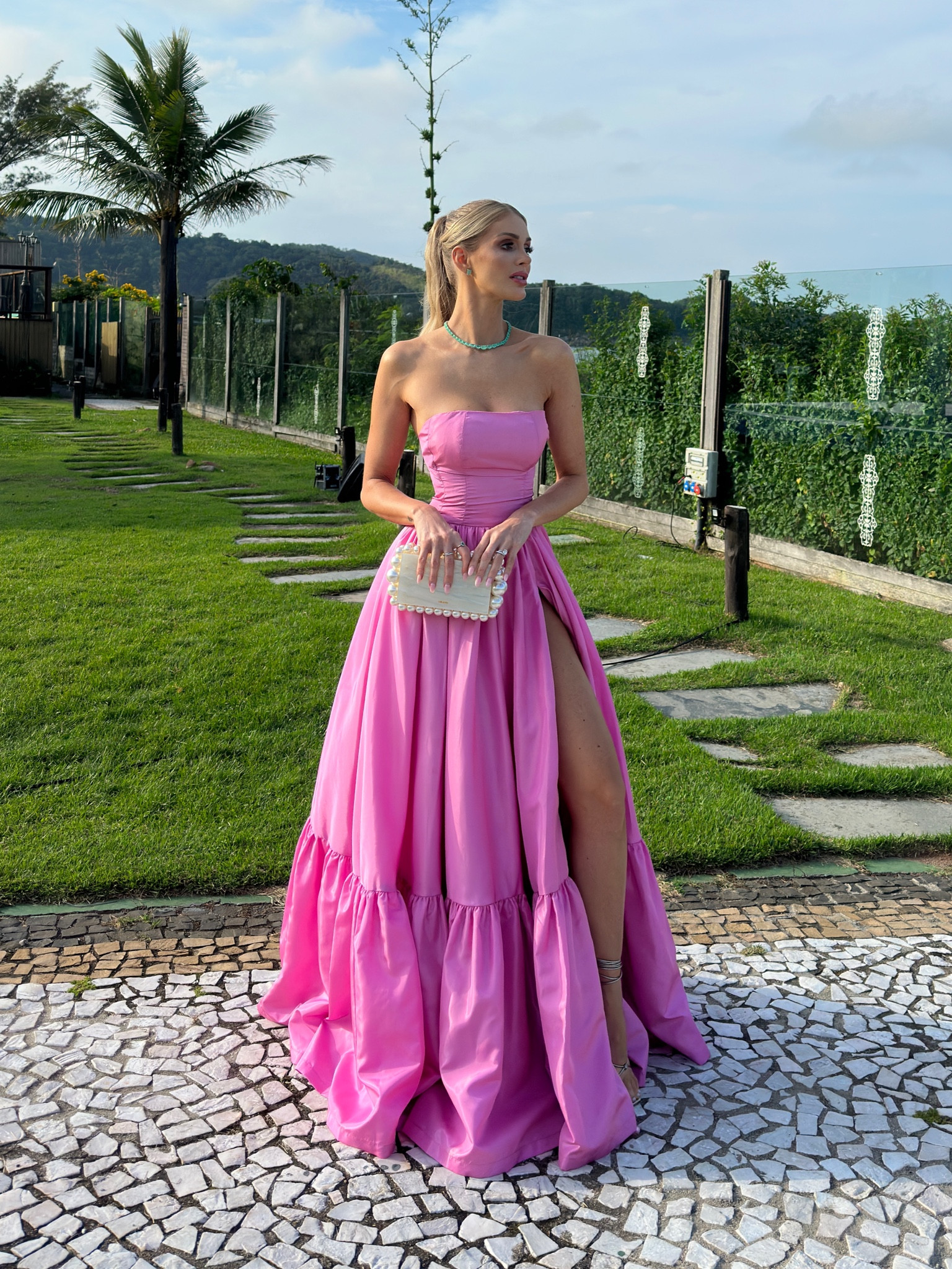Wedding guest, dress, gown, pink, green emerald, jewelry, cult gaia, clutch, sandals , wedding, party, brazil 

#LTKwedding #LTKfit #LTKstyletip