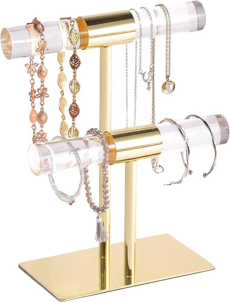 Fabyhome Jewelry Organizer Stand Bracelets Holder Clear 2-Tier Acrylic Jewelry Tower Gold Metal T... | Amazon (US)