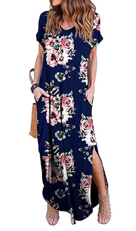 Silvous Women's Casual Loose Pocket Long Dress Summer Beach Floral T Shirt Dresses | Amazon (US)