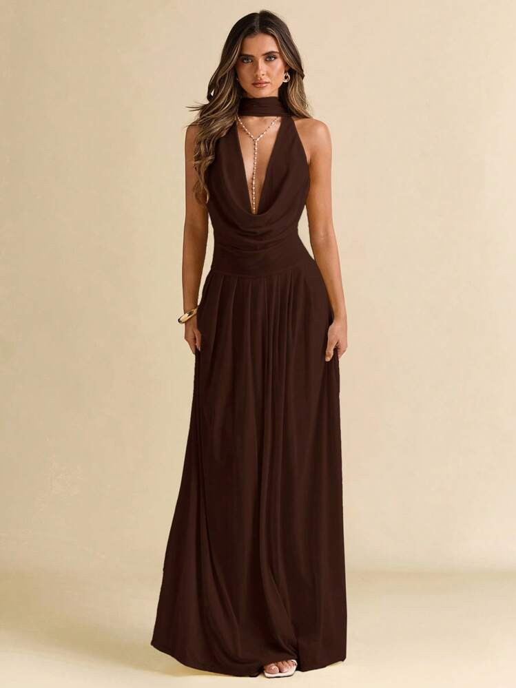 SHEIN BAE Vestido Envolvente De Unicolor Con Espalda En Uve Transparente Y Amarres, Vestido Sexy De Vacaciones | SHEIN