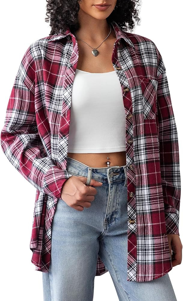 CHYRII Womens Button Down Flannel Shirts Long Sleeve Plaid Shackets Business Casual Blouse Top | Amazon (US)