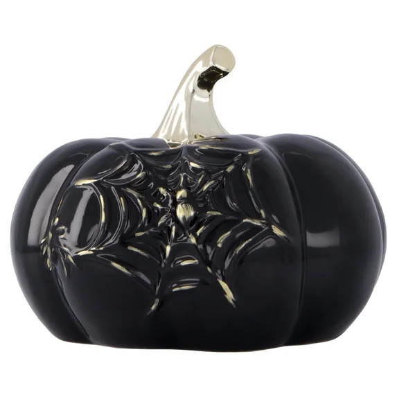 My Texas House Small Stoneware Spiderweb Pumpkin Tabletop Decoration, Black and Gold, 5" | Walmart (US)