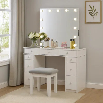 Margo Vanity Set With Lighted Mirror And Padded Stool, White-Gray | Wayfair North America