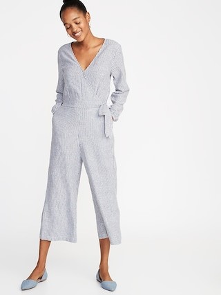 Waist-Defined Linen-Blend Striped Jumpsuit for Women | Old Navy US