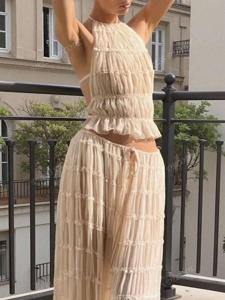 2pcs/Set Apricot Chiffon Multi-Layer Ruched Lace Trim Halter Backless Maxi Dress Suit, Elegant Romantic | SHEIN