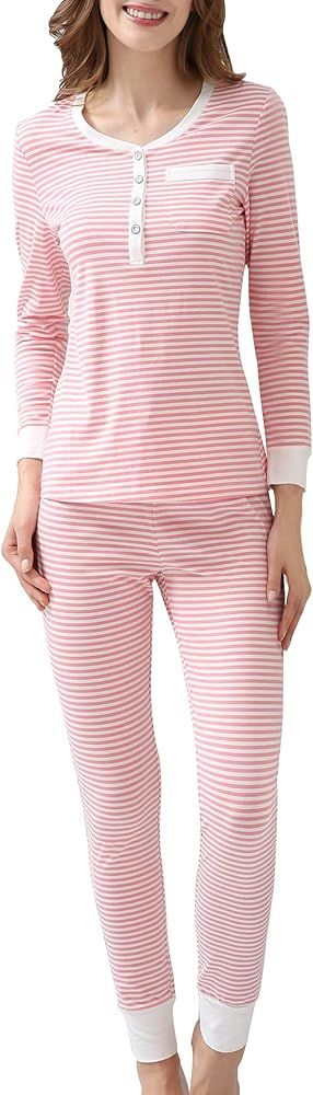COLORFULLEAF Womens Cotton Pajama Set Christmas Striped Henley Pjs Fitted Pants | Amazon (US)