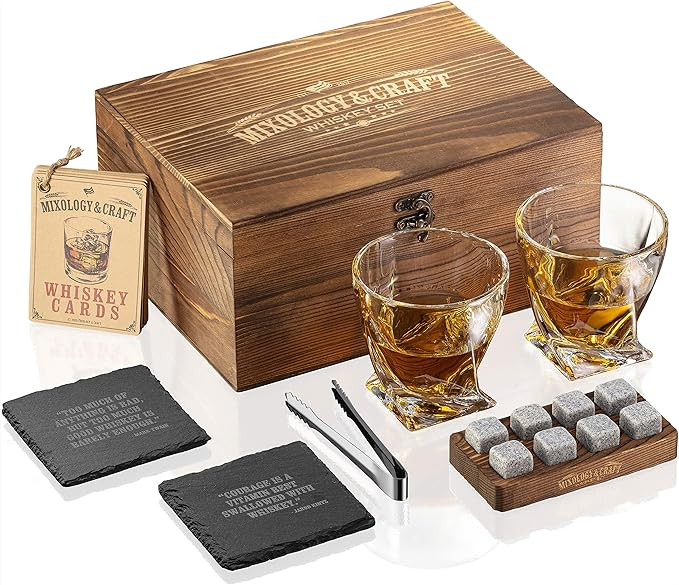 Amazon.com: Mixology Whiskey Stones Gift Set for Men - Pack of 2, 10 oz Whiskey Glasses w/ 8 Gran... | Amazon (US)
