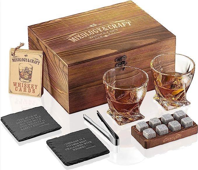 Mixology Whiskey Stones Gift Set for Men - Pack of 2, 10 oz Whiskey Glasses w/ 8 Granite Chilling... | Amazon (US)