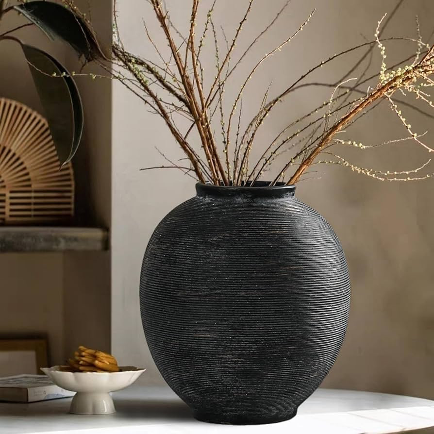 Black Round Ceramic Vase, 9.8 inch Large Textured Flower Vase,Minimalist Rustic Farmhouse Decor f... | Amazon (US)