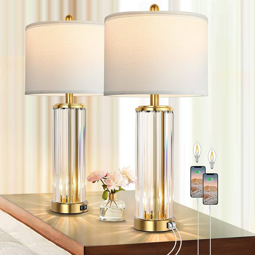 QiMH Gold Table Lamps for Bedroom Set of 2 with Nightlight, Modern Clear Crystal Bedside Lamp wit... | Amazon (US)