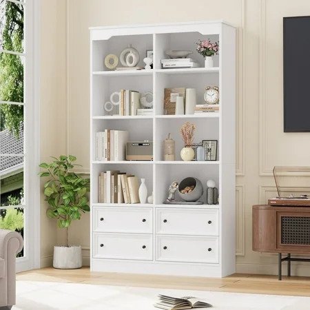 Homfa Double Row 6 Tier Bookcases, 71 in Tall Bookcase Bookshelf with 4 Drawers and 8 Display Cubicles, for Home Office Living Room, White | Walmart (US)