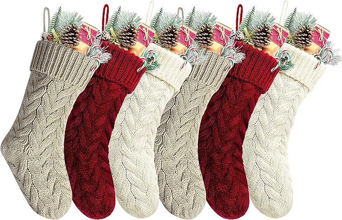 Pack 6,18" Unique Burgundy and Ivory White and Khaki Knit Christmas Stockings Style3 | Amazon (US)