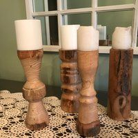 Hand-Turned Wood Candle Holders/ Set Of 4 Primitive Live Edge Pillar Candlesticks/Handmade Natural F | Etsy (US)