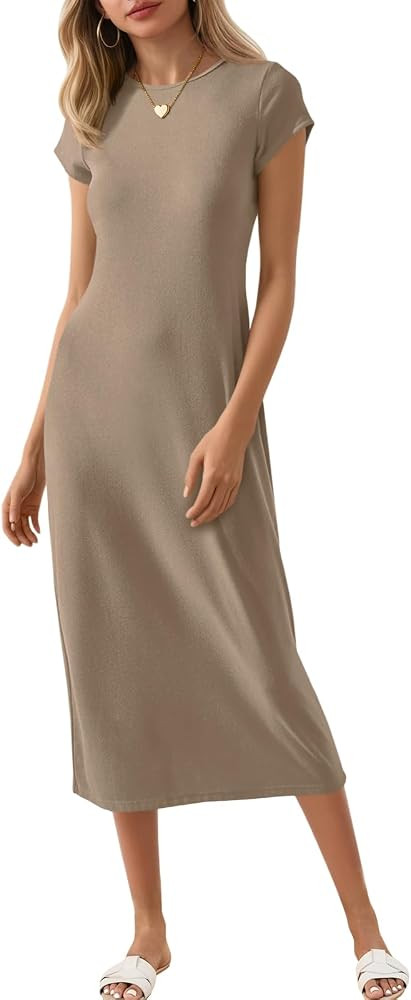 Wenrine Women's Short Sleeve T-Shirt Dress Summer Crew Neck Basic Solid Casual Long Midi Dresses | Amazon (US)