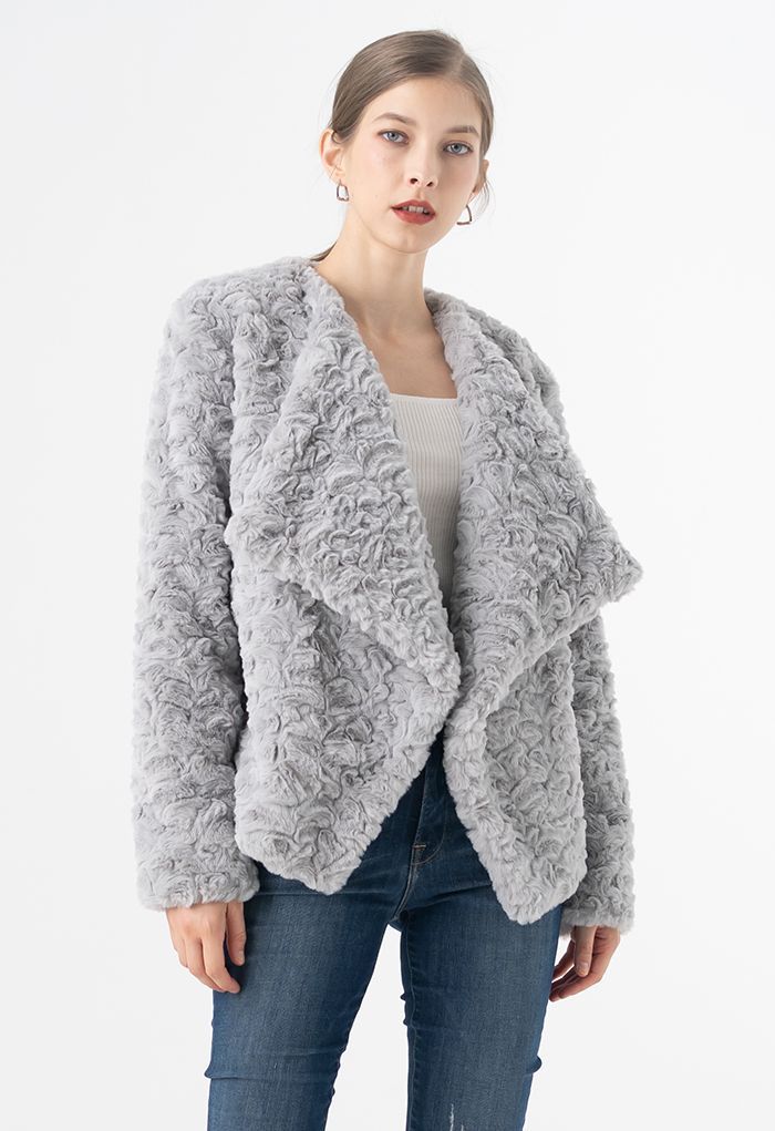 Wide Lapel Snug Faux Fur Coat in Grey | Chicwish