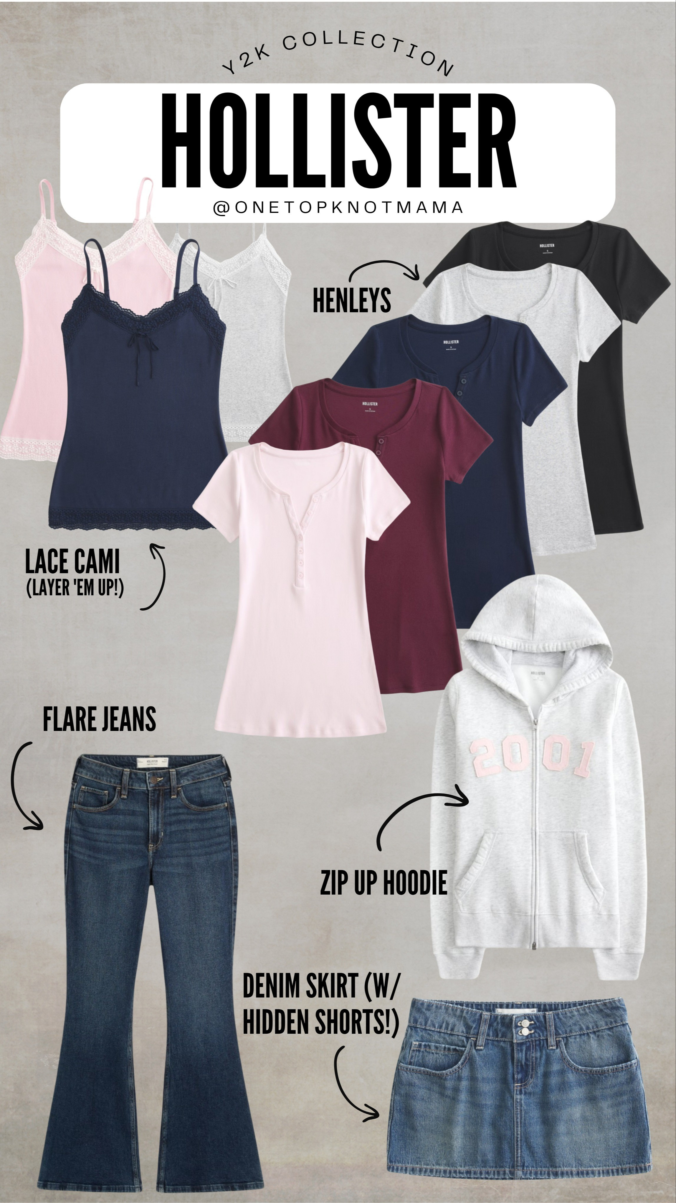 Hollister y2k 2000s collection - new arrivals - womens style - millenial - lace cami - flare jeans - denim skirt - henley - zip up hoodies - layer up

#LTKFindsUnder50 #LTKStyleTip #LTKMidsize