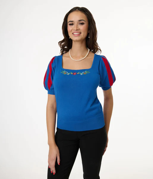 Disney's Snow White Collection by Unique Vintage Royal Blue & Red Short Sleeve Sweater | UniqueVintage