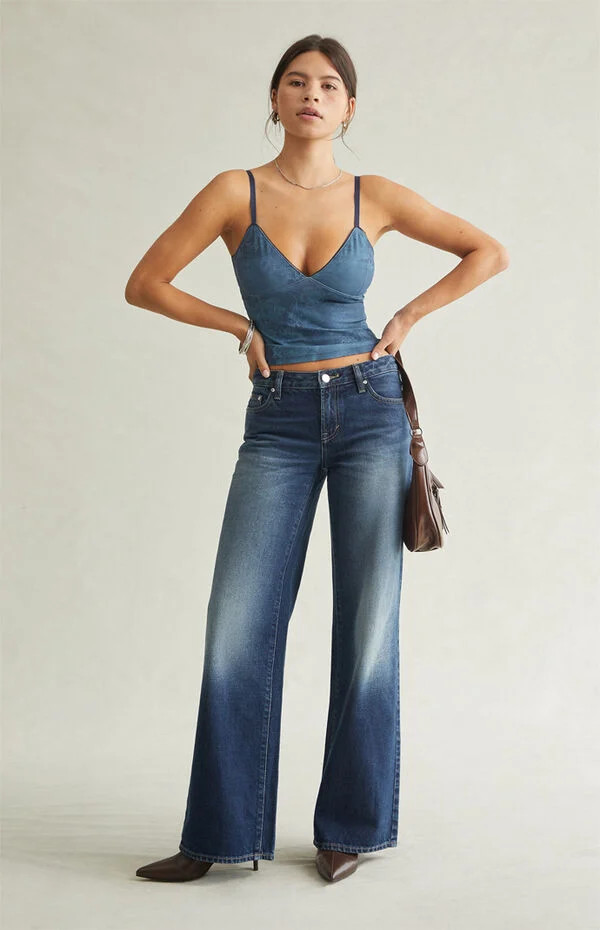 Women's Casey Low Rise Baggy Jeans Rhinestone Dark Blue in Dark Indigo - Size 31 | PacSun