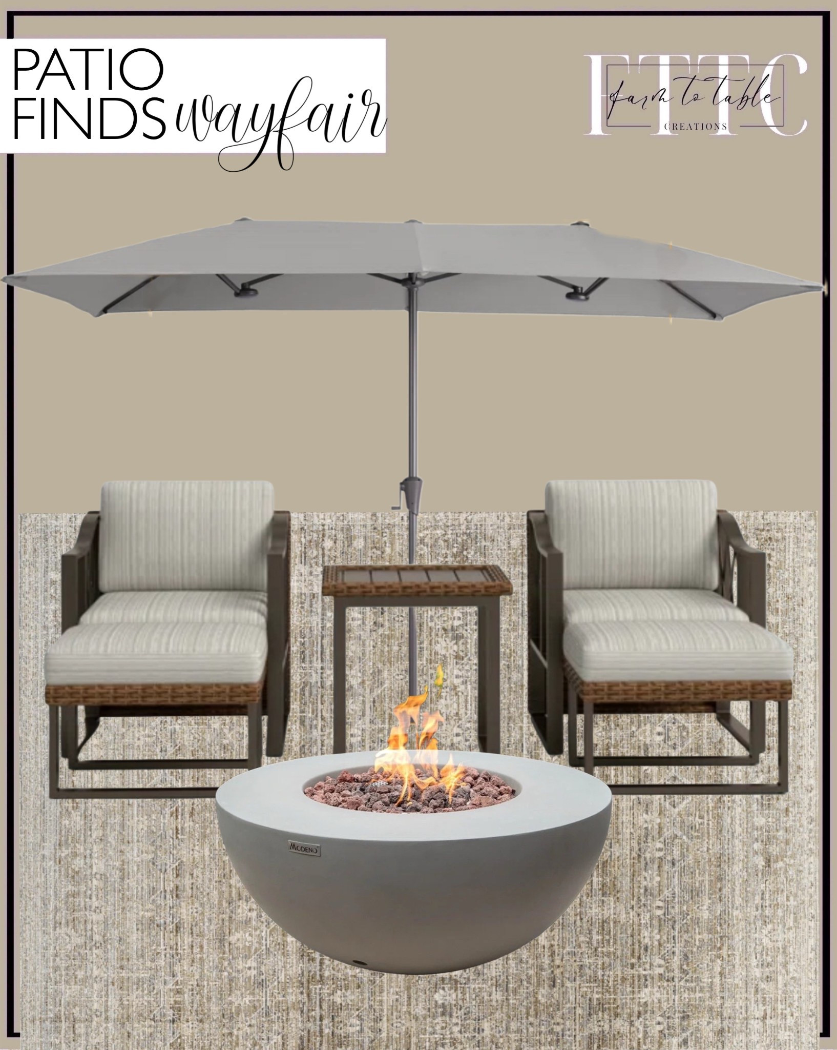 Wayfair Patio Finds. Follow @farmtotablecreations on Instagram for more inspiration.

Moby Patio 5 Piece Rattan Sofa Seating Group with Cushions. Becki Owens x Livabliss Margaret Machine Woven Area Rug. Lunar Bowl 42" Round Concrete Fire Pit Table. Large Double-Sided Rectangular Outdoor Patio Market Umbrella. 

#LTKSaleAlert #LTKFindsUnder100 #LTKHome