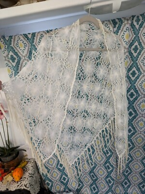 Ivory Semi Sheer Crochet Lace And Sequin Fringed Piano Shawl Scarf | eBay US