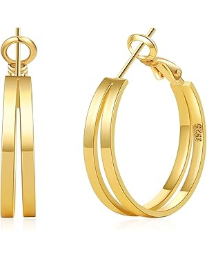 PABBEU Lightweight Sterling Silver Hoop Earrings for Women Hypoallergenic Large Double Hoop Earri... | Amazon (US)