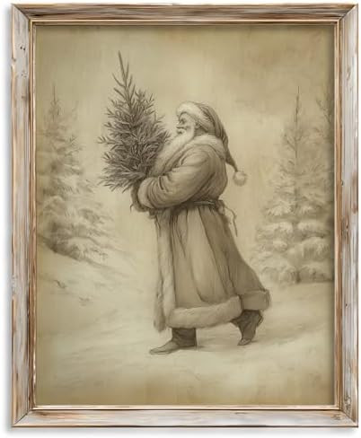 Vintage Santa with Christmas Tree Print, Antique Winter Holiday Wall Art, Rustic Christmas Décor... | Amazon (US)
