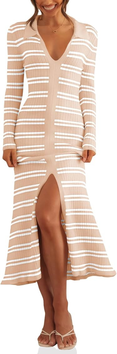 Saodimallsu Womens Striped Sweater Dress V Neck Collared Long Sleeve Color Block Bodycon Sexy Sli... | Amazon (US)