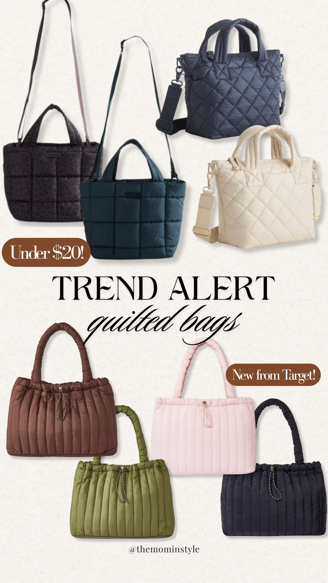 Quilted bags are having a major moment for fall. From mini crossbody styles to roomy totes, I love the mix of chocolate brown, olive green, navy, cream, and soft pink for adding texture and fall color to an everyday outfit.

Target quilted bags, quilted tote bag, affordable handbags, fall handbags, Target fall finds, bags under $20, fall accessories, quilted crossbody bag, affordable fall fashion, themominstyle

#LTKootd #LTKSeasonal #LTKOver40